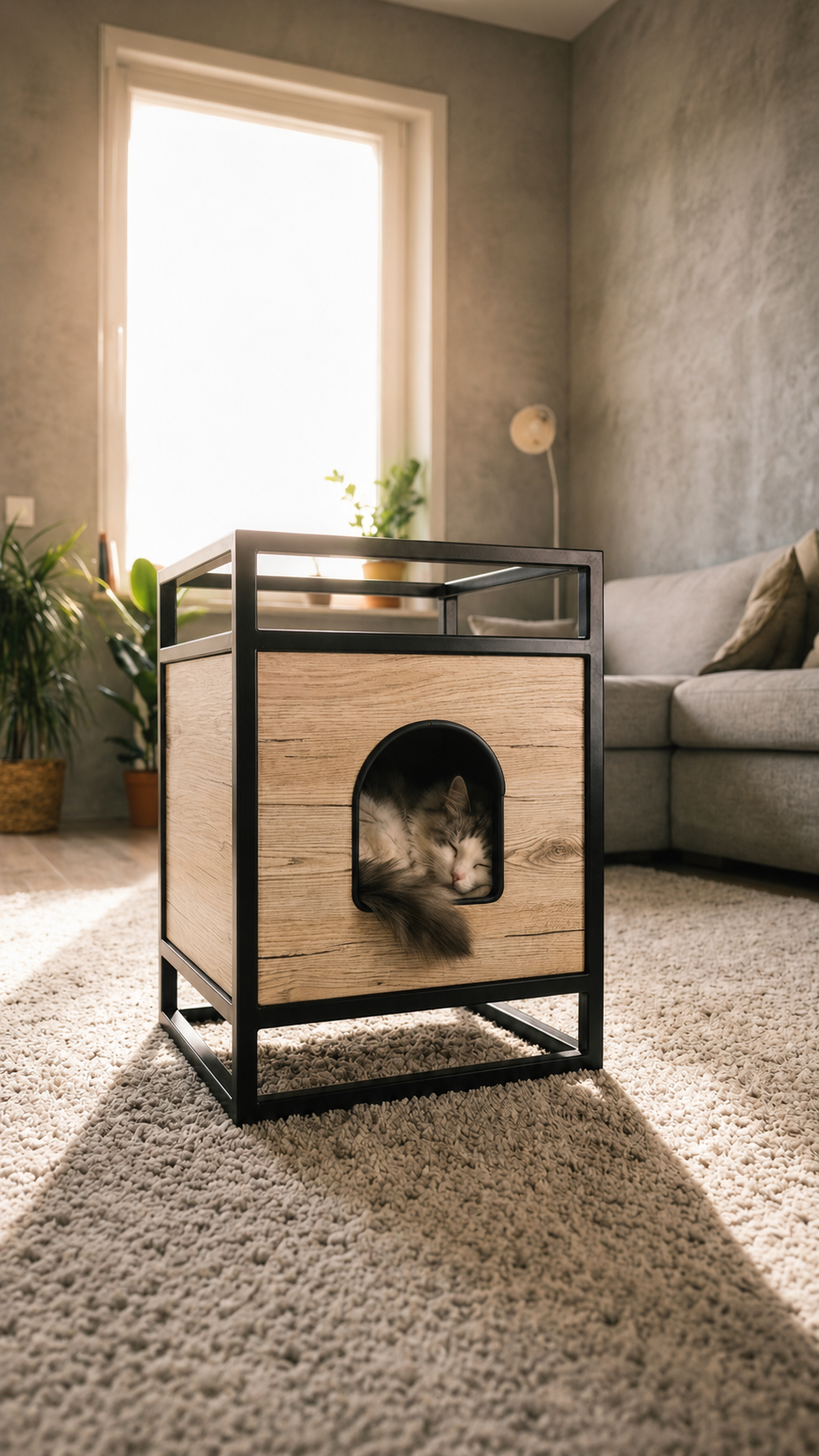 Domek dla kota loft – nowoczesne legowisko z drewna i stali | LOF.CATS
