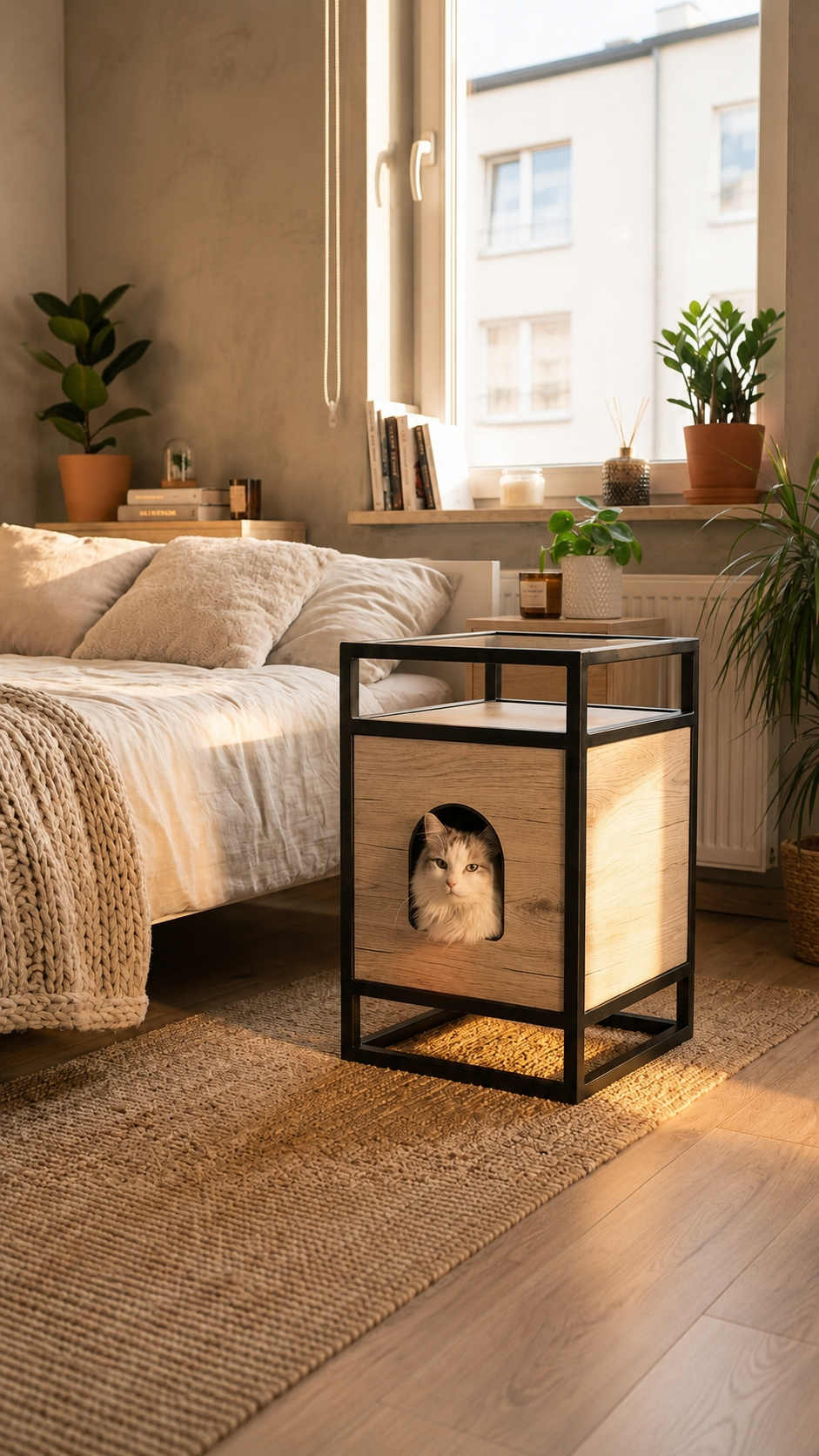 Domek dla kota loft – nowoczesne legowisko z drewna i stali | LOF.CATS