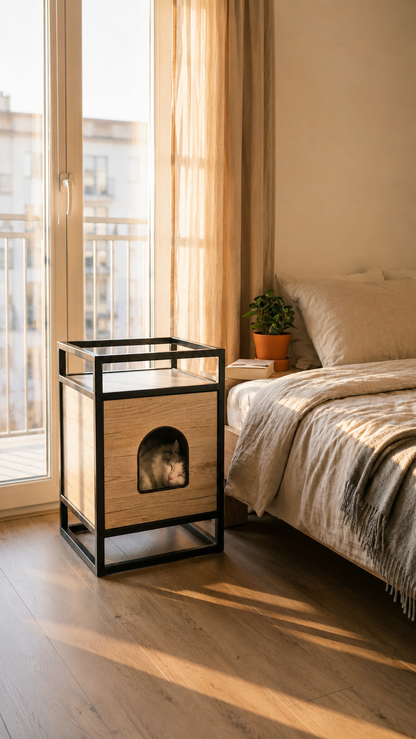 Domek dla kota loft – nowoczesne legowisko z drewna i stali | LOF.CATS