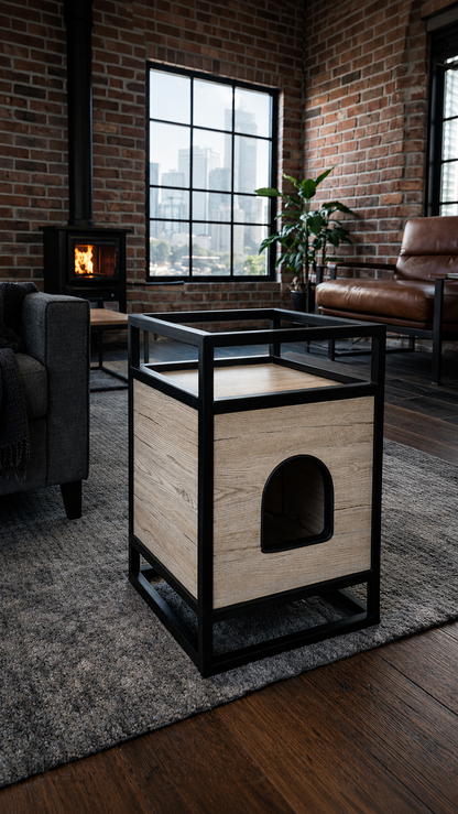 Domek dla kota loft – nowoczesne legowisko z drewna i stali | LOF.CATS