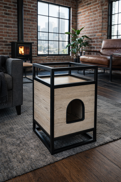 Domek dla kota loft – nowoczesne legowisko z drewna i stali | LOF.CATS