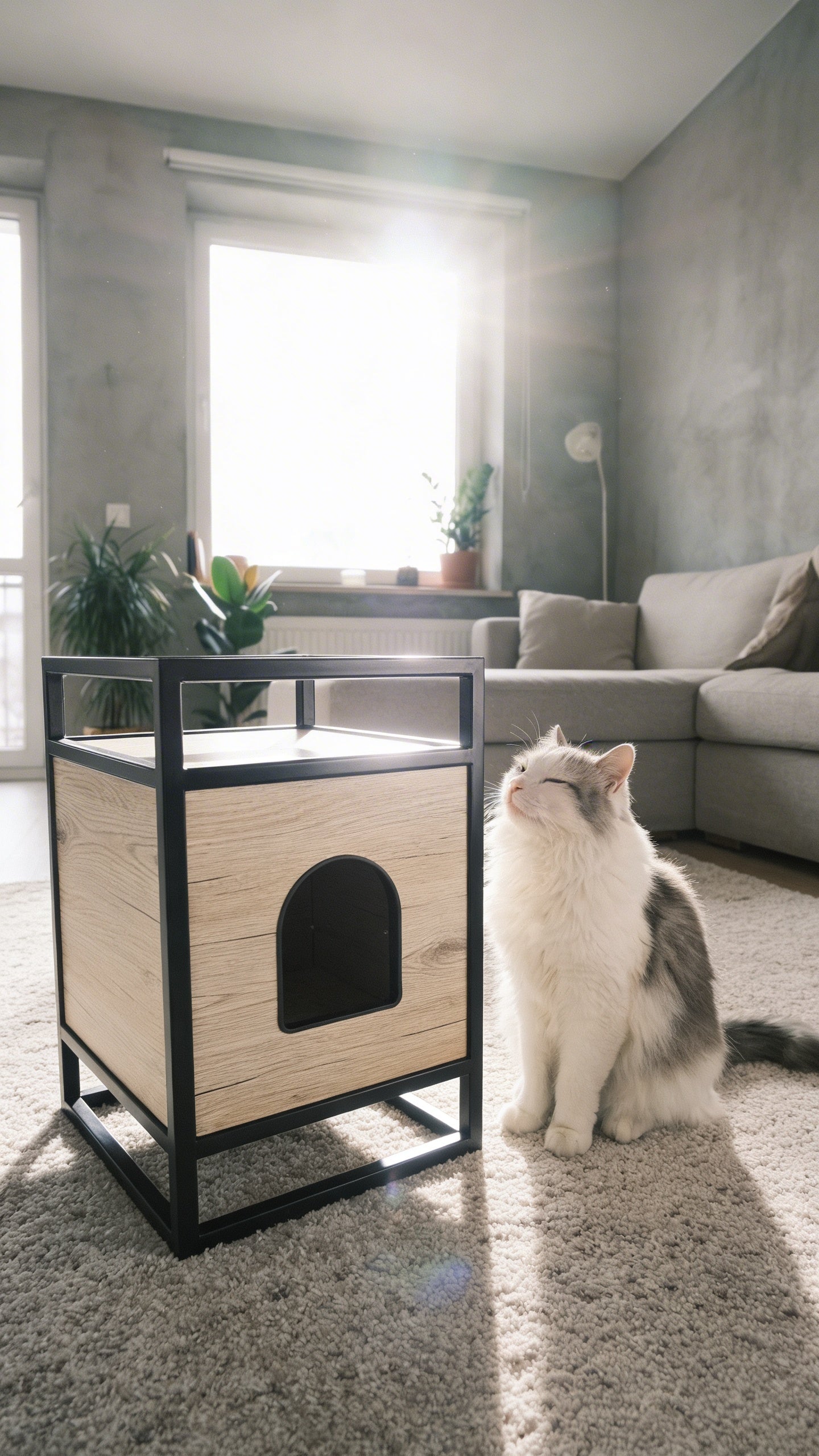 Domek dla kota loft – nowoczesne legowisko z drewna i stali | LOF.CATS