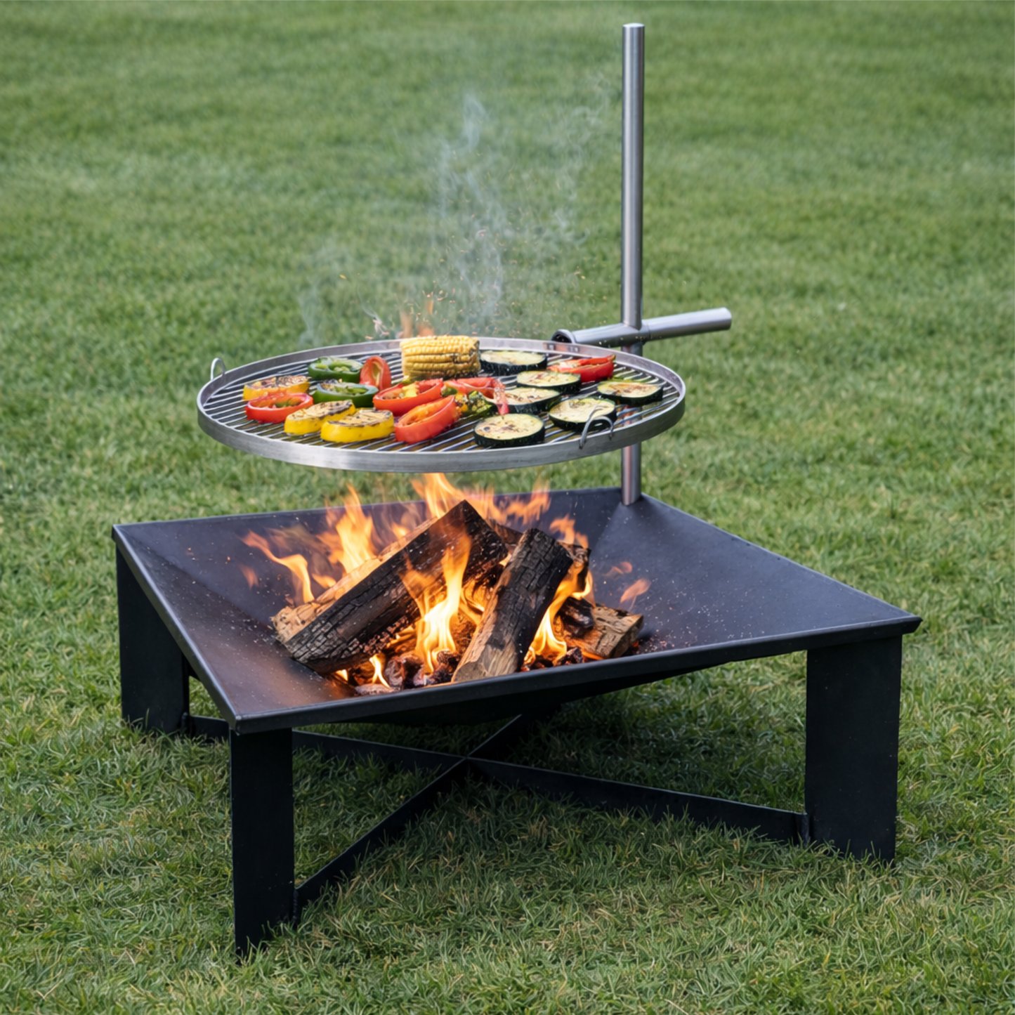 Palenisko ogrodowe 70x70cm + grill 2w1 z regulowanym rusztem ze stali nierdzewnej