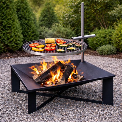 Palenisko ogrodowe 70x70cm + grill 2w1 z regulowanym rusztem ze stali nierdzewnej